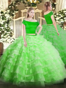 Off The Shoulder Short Sleeves Tulle Sweet 16 Quinceanera Dress Appliques and Ruffled Layers Zipper