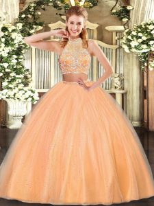 Hot Selling Sleeveless Tulle Floor Length Criss Cross 15 Quinceanera Dress in Orange Red with Beading