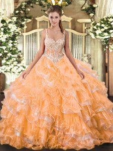 Perfect Orange Ball Gowns Beading and Ruffled Layers Sweet 16 Dresses Lace Up Organza Sleeveless Floor Length