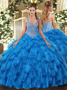 Exceptional Sleeveless Floor Length Beading and Ruffles Lace Up Ball Gown Prom Dress with Blue