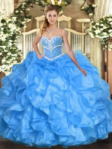 Sleeveless Organza Floor Length Lace Up Quinceanera Dress in Baby Blue with Beading and Ruffles