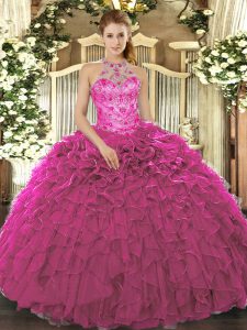 On Sale Fuchsia Sleeveless Organza Lace Up Quinceanera Dress for Military Ball and Sweet 16 and Quinceanera