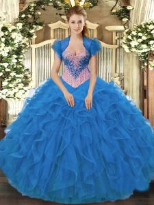 Sweetheart Sleeveless Lace Up Ball Gown Prom Dress Blue Organza