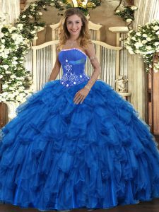 Floor Length Royal Blue Sweet 16 Dresses Strapless Sleeveless Lace Up
