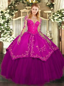 Custom Made Fuchsia Scoop Neckline Lace and Embroidery Quinceanera Gowns Long Sleeves Lace Up