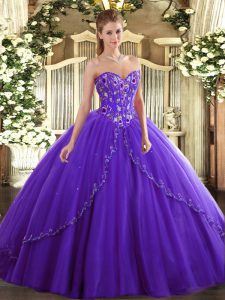 Sleeveless Appliques and Embroidery Lace Up Quince Ball Gowns with Purple Brush Train