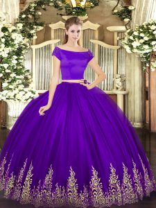 Stunning Tulle Off The Shoulder Short Sleeves Zipper Appliques Quinceanera Dress in Purple