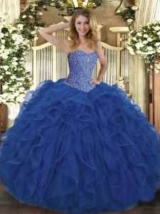 Graceful Royal Blue Sweetheart Neckline Beading and Ruffles Quinceanera Dress Sleeveless Lace Up