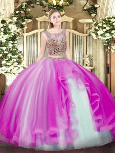 Ideal Scoop Sleeveless Vestidos de Quinceanera Floor Length Beading and Ruffles Fuchsia Tulle