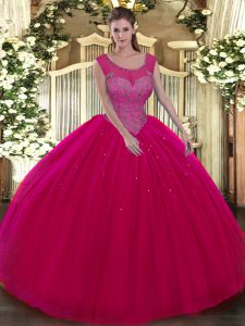 Discount Hot Pink Tulle Backless Quinceanera Gown Sleeveless Floor Length Beading