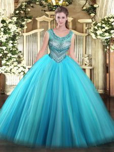 Fitting Floor Length Ball Gowns Sleeveless Baby Blue Quinceanera Gowns Lace Up