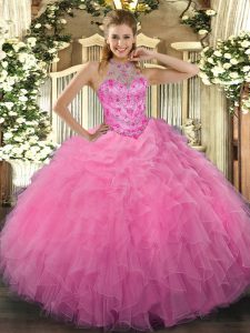 Rose Pink Organza Lace Up Quinceanera Gown Sleeveless Floor Length Beading and Embroidery and Ruffles