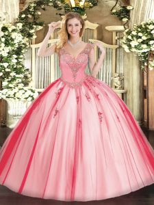 Exceptional Coral Red Ball Gowns Tulle V-neck Sleeveless Beading Floor Length Lace Up Quinceanera Gowns