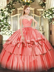 New Arrival Sweetheart Sleeveless Quinceanera Gowns Floor Length Beading and Lace and Ruffled Layers Watermelon Red Organza