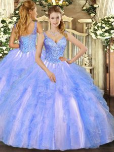 Hot Sale Blue Sleeveless Beading and Ruffles Floor Length 15th Birthday Dress