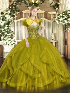 Fitting Floor Length Lace Up Vestidos de Quinceanera Olive Green for Military Ball and Sweet 16 and Quinceanera with Beading and Ruffles
