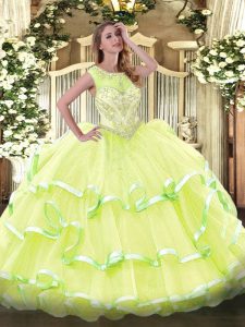 Sleeveless Floor Length Beading and Ruffled Layers Lace Up Vestidos de Quinceanera with Yellow Green