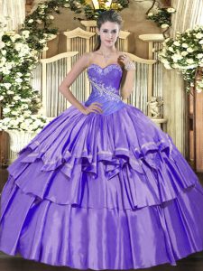 Floor Length Lace Up Sweet 16 Dress Lavender for Military Ball and Sweet 16 and Quinceanera with Beading and Ruffled Layers