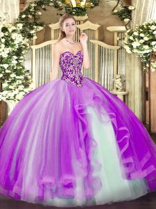 High Class Lilac Lace Up Sweetheart Beading and Ruffles Quinceanera Dresses Tulle Sleeveless