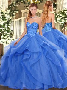 Attractive Sweetheart Sleeveless Lace Up Quinceanera Dress Blue Tulle