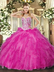 Fuchsia Quinceanera Dress Military Ball and Sweet 16 and Quinceanera with Beading and Ruffles Sweetheart Sleeveless Lace Up