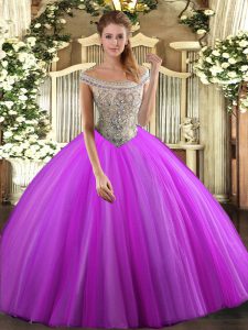 Floor Length Fuchsia 15 Quinceanera Dress Off The Shoulder Sleeveless Lace Up