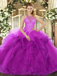 New Style Fuchsia Ball Gowns Organza High-neck Sleeveless Beading and Ruffles Floor Length Lace Up Quinceanera Dress