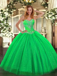 Green Tulle and Sequined Lace Up Quinceanera Dresses Sleeveless Floor Length Beading