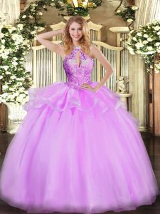 Designer Floor Length Lilac Sweet 16 Dress Halter Top Sleeveless Lace Up