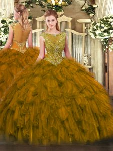 Organza Scoop Sleeveless Zipper Beading and Ruffles Quince Ball Gowns in Brown