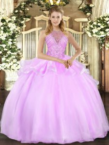 Lilac Organza Lace Up Sweet 16 Dresses Sleeveless Floor Length Beading