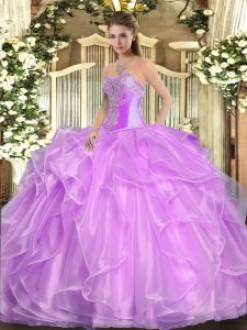 Captivating Floor Length Lilac Quince Ball Gowns Organza Sleeveless Beading and Ruffles