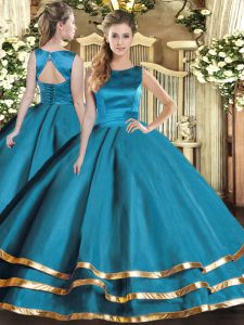 Most Popular Sleeveless Tulle Floor Length Lace Up Quince Ball Gowns in Teal with Ruffled Layers
