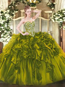 Top Selling Olive Green Organza Lace Up Quince Ball Gowns Sleeveless Floor Length Beading and Ruffles