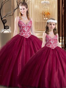 Fancy V-neck Sleeveless Lace Up Quinceanera Dress Wine Red Tulle