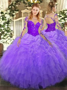 Hot Selling Long Sleeves Organza Floor Length Lace Up Sweet 16 Dress in Lavender with Lace and Ruffles