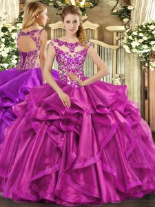 Fuchsia Lace Up Scoop Beading and Appliques and Ruffles Quinceanera Gown Organza Sleeveless