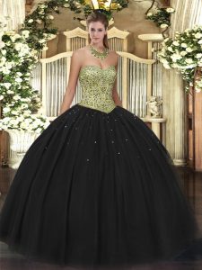 Free and Easy Floor Length Lace Up Ball Gown Prom Dress Black for Military Ball and Sweet 16 and Quinceanera with Beading