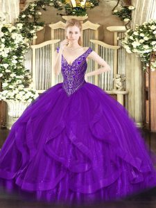 Top Selling V-neck Sleeveless Lace Up Quinceanera Dress Purple Tulle