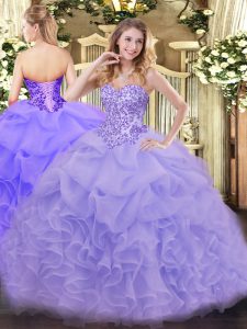 Lovely Lavender Ball Gowns Organza Sweetheart Sleeveless Appliques and Ruffles Floor Length Lace Up Quinceanera Gown
