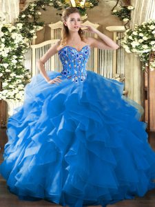 Floor Length Lace Up Vestidos de Quinceanera Blue for Military Ball and Sweet 16 and Quinceanera with Embroidery and Ruffles