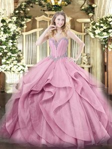 Sleeveless Tulle Floor Length Lace Up Sweet 16 Quinceanera Dress in Pink with Beading and Ruffles