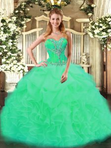 Beading and Ruffles 15 Quinceanera Dress Turquoise Lace Up Sleeveless Floor Length
