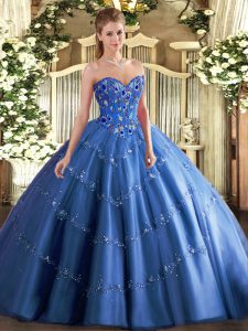 Modern Sweetheart Sleeveless Tulle Sweet 16 Dresses Appliques and Embroidery Lace Up