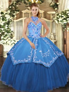 Wonderful Teal Lace Up Halter Top Beading and Embroidery 15th Birthday Dress Satin and Tulle Sleeveless