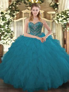 Clearance Teal Tulle Lace Up Quince Ball Gowns Sleeveless Floor Length Beading and Ruffled Layers