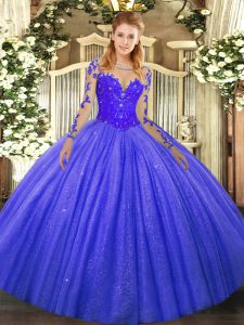 Floor Length Ball Gowns Long Sleeves Blue Quinceanera Dress Lace Up