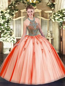 Luxurious Beading Quinceanera Dress Coral Red Lace Up Sleeveless Floor Length
