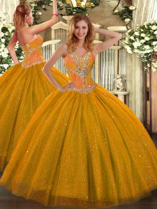 Gold Tulle Lace Up Quince Ball Gowns Sleeveless Floor Length Beading