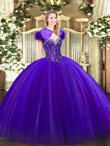 Custom Fit Purple Ball Gowns Sweetheart Sleeveless Tulle Floor Length Lace Up Beading Ball Gown Prom Dress